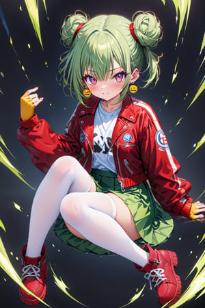 (masterpiece), (best quality), (ultra-details) against a dark background, in the style of an anime illustration. looking at viewer
BREAK
1girl, 18 years old, green hair, twin bun hairstyle, red leather jacket, white logo t-shirt , green skirt, white knee highs, red leather ankle boots, yellow fingerless gloves, earrings, smiley face emoji earrings, BREAK,white stockings