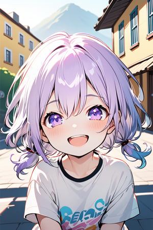 ((friendly)), smiling, detailed background, colorful, cartoon style, happy, outdoors, vibrant colors, soft lighting,
(8k,best quality), (highly detailed beautiful face and eyes),
BREAK ((a child)), solo, ((6 years old girl)), ((little girl:1.3)), ((light purple hair:1.2)), (short hair:1.1), (low twintails:1.1), flat chest, light purple eyes,happy smile, ((cute eyes, ;>, ;d)),
((short sleeve Tshirt)),