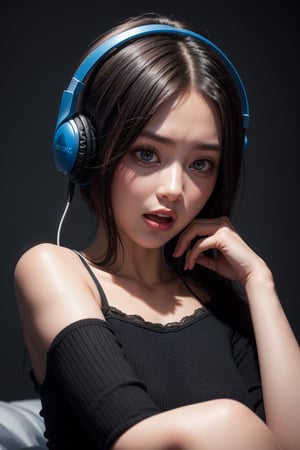 a beautiful young girl ,hearing gaming headphone,side profiling,scary expression,
, scary expression