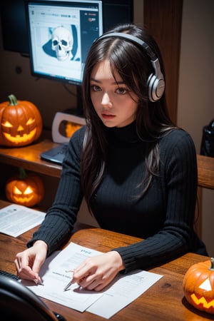 The image depicts an individual sitting at a computer desk, wearing headphones. Their gaze is directed toward a monitor displaying a ghostly blue figure. The person’s face is pixelated for privacy. The desk area is adorned with Halloween-themed decorations, including a skull, pumpkin, and themed papers or cards on the wall. Overall, it conveys a festive atmosphere, possibly related to gaming or Halloween celebrations