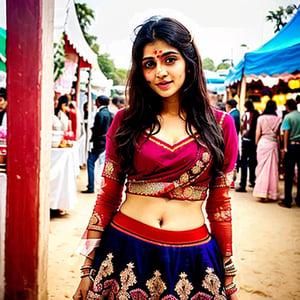 lovely ,cute,young,attractive indian teenage girl in red lehenga ,23 years old , cute,instagram model,long blonde hair,colourful hair, at a fair at marry go around