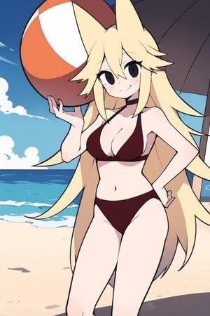 score_8_up, score_7_up, score_6_up, score_5_up,Mogeko, 1girl, solo, high_details, masterpiece, female_focus, black eyes, blonde hair, long hair, animal ears, fake animal ears, smile good_hands, better_hands, swimsuit, bikini, background_sky, cleavage, red_bikini, beach, holding_item, carrying_item, 1_red_ beach_ball