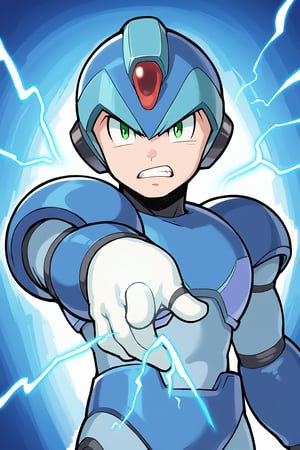 X, score_8_up, score_7_up, score_6_up, score_5_up, solo, 1boy, male focus, helmet, android, blue armor, green eyes, masterpiece, high quality, arm cannon, looking_at_viewer,pointing electricity, angry, pissed_off