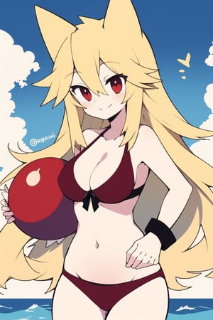 score_8_up, score_7_up, score_6_up, score_5_up,Mogeko, 1girl, solo,
female_focus, blonde hair, long hair, animal ears, fake animal ears, smile good_hands, better_hands, swimsuit, bikini, background_sky, cleavage, red_bikini, beach, holding_item, carrying_item, beach_ball