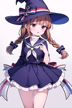 (masterpiece,bestquality,ultra_detailed,highres,absurdres:1.2),1girl,solo,wadanohara, witch hat, hat bow, multicolored bow, blue dress, blue hat, twin braid, long hair, handkerchief, anchor, hat ornament, sailor collar, white bow, multicolored ribbon, white skin, 