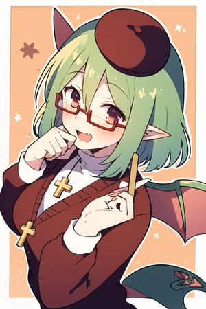 score_8_up, score_7_up, score_6_up, score_5_up, yosafire, 1girl, solo, green hair, glasses, red eyes, cross necklace, red sweater, white turtleneck, red boots, black pantyhose, demon horn, demon tail, demon_wings, beret good_hands,YOSAFIRE, upper_body, big_boobies