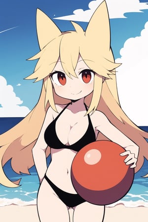 score_8_up, score_7_up, score_6_up, score_5_up,Mogeko, 1girl, solo,
female_focus, blonde hair, long hair, animal ears, fake animal ears, smile good_hands, better_hands, swimsuit, bikini, background_sky, cleavage, red_bikini, beach, holding_item, carrying_item, 1_beach_ball