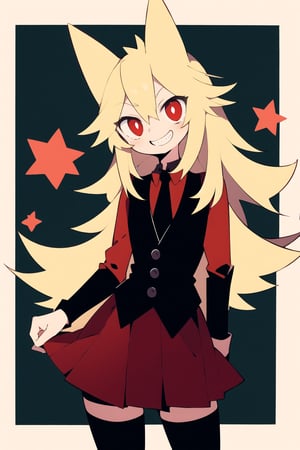 score_8_up, score_7_up, score_6_up, score_5_up,Mogeko, 1girl, solo, high_details, masterpiece, female_focus, long hair, blonde hair, red eyes, long black sleeves, animal ears, tail, cowboy shot, pleated skirt, grin, vest, red skirt, (red shirt), black necktie, long black stockings, black boots, :}, stocking, good_hands, castle, indors_background