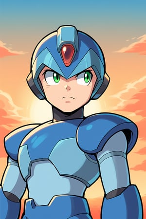 X, score_8_up, score_7_up, score_6_up, score_5_up, solo, 1boys, helmet, android, blue armor, green eyes, masterpiece, high quality, looking_away, 
sunset sky, upper_body