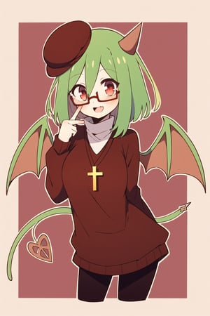 score_8_up, score_7_up, score_6_up, score_5_up, yosafire, 1girl, solo, green hair, glasses, red eyes, cross necklace, red sweater, white turtleneck, red boots, black pantyhose, demon horn, demon tail, demon_wings, beret good_hands,YOSAFIRE, upper_body, big_boobies