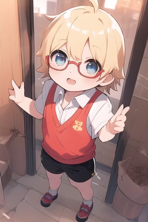 score_9, score_8_up, score_7_up, score_6_up, child, boy, 10yo, white skin, blue eyes, blonde hair, short hair, bangs, flat chest, solo, full body, looking at viewer, wearing glasses, red sweater vest, white short sleeve, black_shorts, more detail, realism, make a selfie 