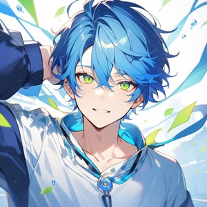 1guy, blue hair, green eyes