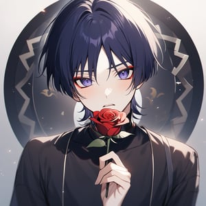 male, attractive, handsome, charming, charismatic, high quality,

Scaramouche genshin impact, black shirt, looking at viewer shy, holding rose