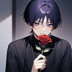 male, attractive, handsome, charming, charismatic, high quality,

Scaramouche genshin impact, black shirt, looking at viewer shy, holding rose