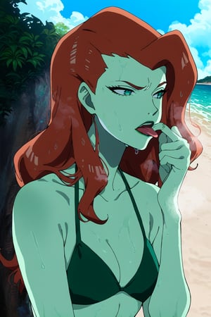 score_9_up, score_8_up, score_7_up, poison ivy, ginger hair, long hair, green skin, bikini, sweat, sweatdrop, wet, steaming body, tongue out, mouth pull, self mouth stretching, outdoors, beach, high quality, five fingers, good fingers