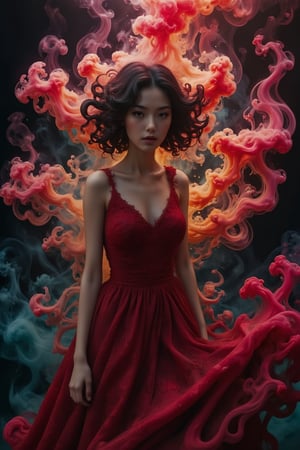 nebulous, a beautiful girl wearing a red dress,