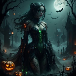 spookbyte, A young woman dressed in a spooky, gothic Halloween costume, with dark makeup, lace gloves, and a flowing black gown. She stands in a foggy, moonlit graveyard, her hair blowing in the wind, adding to the eerie atmosphere.