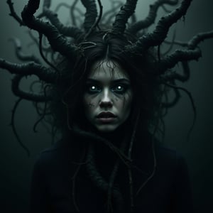 A dark, surreal image of a female face emerging from the shadows, her features intertwined with twisted tree roots and vines. Her eyes glow faintly with a haunting light, and her hair flows like dark, thorny branches. The atmosphere is misty and ominous, with fog curling around her face as if she is a spirit of the forest.


