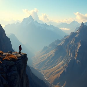 In this majestic landscape, a sprawling mountain range stretches towards the sky, its rugged peaks and valleys bathed in warm, golden light. The air is crisp, with wispy clouds drifting lazily across the horizon. In the foreground, a lone figure stands at the edge of a precipice, gazing out upon the breathtaking vista, their silhouette bold against the vibrant colors of the landscape.