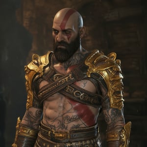 gow, amazing portrait of man, wearing a golden Armour, amazing tattooed body 