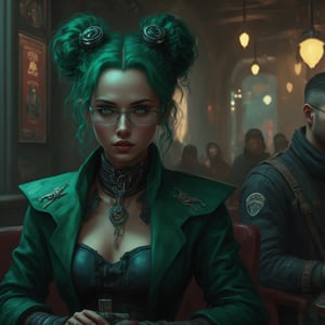 victorianox, a beautiful girl wearing green dress, futuristic glasses, sitting on a chair in a cyberpunk bar