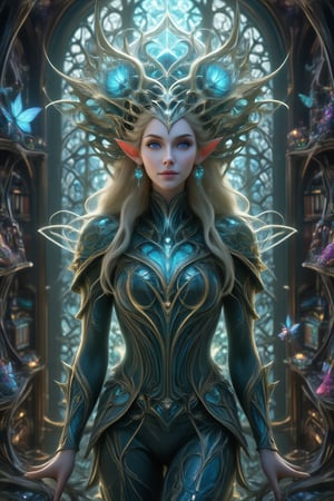 ElfFractalArt, A serene, elegant female elf mage with long flowing blonde hair, wearing a deep green velvet robe with golden embroidery. She stands in an ancient, magical library, surrounded by floating books and glowing magical runes. Her eyes are bright violet, radiating wisdom and power. 