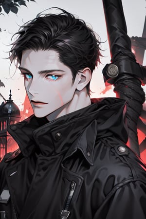 male dude, black hair, pale and light blue eyes, black trenchcoat, fair skin