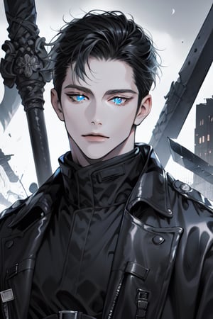 male dude, black hair, pale and light blue eyes, black trenchcoat, fair skin, with blades