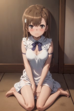 masterpiece, best quality, highres, aamikoto, short hair,  , blushing, closed_mouth, looking at viewer, wariza, upper_body, , arm front legs, barefoot, rei no himo, white_dress, short_dress, 