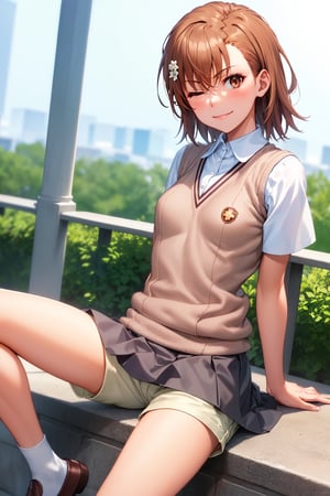 masterpiece, best quality, highres, aamikoto, short hair, hair flower, white shirt, sweater vest, short sleeves,one eye closed , , smile, closed_mouth, looking at viewer, grey skirt, shorts under skirt, Spread legs, brown_loafers,cowboy_shot, arm behind back,