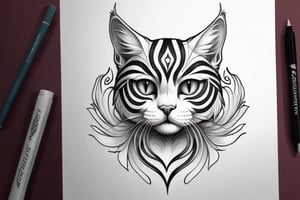 cat tattoo sketch flowing curve lines and feathers incorporated in cat design detailed cat face 