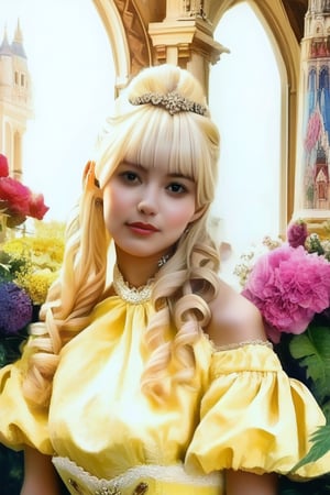 score_9, score_8_up, score_7_up, 1girl looking at viewer, upper body, tiara, drill hair, long hair, blonde hair, yellow dress, palace, flowers, detailed face, masterpiece, realistic, best quality, high detail, hyme, black eyes