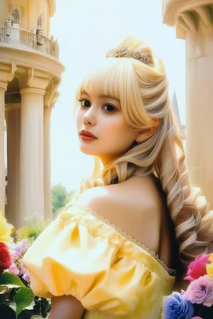 score_9, score_8_up, score_7_up, 1girl looking at viewer, upper body, tiara, drill hair, long hair, blonde hair, yellow dress, palace, flowers, detailed face, masterpiece, realistic, best quality, high detail, hyme, black eyes