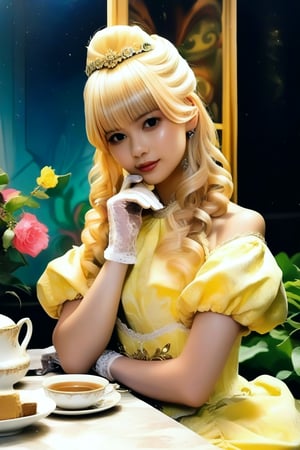 score_9, score_8_up, score_7_up, 1girl gloves looking at viewer, drill hair, blonde hair, yellow dress, tiara, palace flowers, tea, real person, dark ambient, best quality, high detail, hyme, black eyes