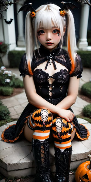 score_9,score_8_up, score_7_up,masterpiece, (((extremely realistic, Photorealistic))),
1girl,big eyes, cute face,
White hair, twintails, orange highlights,bangs, makeup,
((Halloween costume,strappy cutout, openwork,cross-laced)), pelvic curtain, striped thighhigh stockings, Kneehigh boots,
midnight, mansion,
(W-sitting, wariza,)