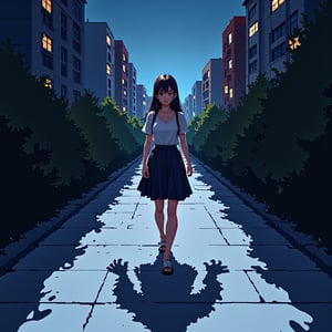 Flat anime style, a woman walking on a pathway with a creepy creatures shadow reaching out to her from below, medium shot, the girl looking slightly apprehensive, urban cityscape with buildings in the background, eerie lighting, sharp contrast, dynamic composition, high detail in the shadow and facial expression.