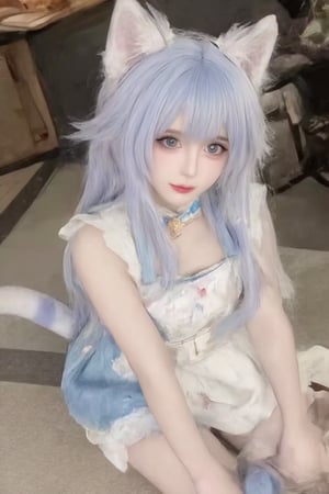 Animal ears,cat ears,male focus,apron,tail,cat tail,otoko no ko,open mouth,blue hair,solo,white hair,maid headdress,blue eyes,looking at viewer,wariza,hair ornament,cat boy,sitting,pale skin,bow,apron,far wide_shot hair eyes,far hair eyes,