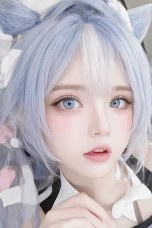 Animal ears,cat ears,male focus,apron,tail,cat tail,otoko no ko,open mouth,blue hair,solo,white hair,maid headdress,blue eyes,looking at viewer,wariza,hair ornament,cat boy,sitting,pale skin,bow,apron,far wide_shot hair eyes,far hair eyes,