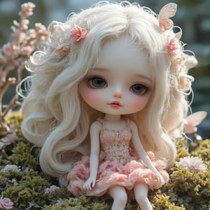 "Chibi doll with large eyes and soft features, wearing a delicate pastel-colored dress, surrounded by nature-inspired elements like small flowers, moss, and butterflies. The doll has long, flowing, fluffy hair that is white-blonde, styled gently with flowers woven into it. The scene is dreamy and tranquil, with a soft, ethereal glow, evoking a whimsical fairy tale or enchanted forest setting."