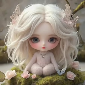 "Chibi doll with large eyes and soft features, wearing a delicate pastel-colored dress, surrounded by nature-inspired elements like small flowers, moss, and butterflies. The doll has long, flowing, fluffy hair that is white-blonde, styled gently with flowers woven into it. The scene is dreamy and tranquil, with a soft, ethereal glow, evoking a whimsical fairy tale or enchanted forest setting."