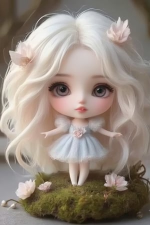 "Chibi doll with large eyes and soft features, wearing a delicate pastel-colored dress, surrounded by nature-inspired elements like small flowers, moss, and butterflies. The doll has long, flowing, fluffy hair that is white-blonde, styled gently with flowers woven into it. The scene is dreamy and tranquil, with a soft, ethereal glow, evoking a whimsical fairy tale or enchanted forest setting."