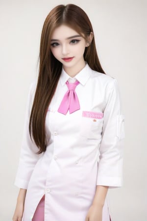 1girl,solo,Nurse,looking_at_viewer,pink_necktie,white_shirt,ahoge,blush,ponytail,collared_shirt,long_sleeves,simple_background,white_background,simple background,white backgroundmasterpiece,best quality, highly detailed, Thai,Vietnamese,Women's pink tie,Typhoid engine,big pupil,brown pupil,long eye,