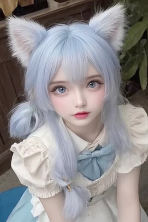 Animal ears,cat ears,male focus,apron,tail,cat tail,otoko no ko,open mouth,blue hair,solo,white hair,maid headdress,blue eyes,looking at viewer,wariza,hair ornament,cat boy,sitting,pale skin,bow,apron,far wide_shot hair eyes,far hair eyes,