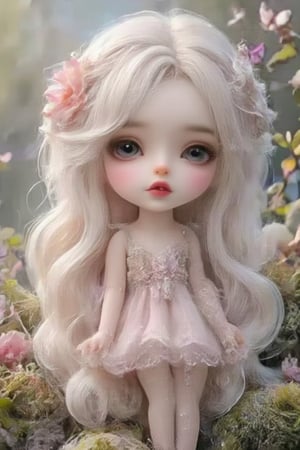 "Chibi doll with large eyes and soft features, wearing a delicate pastel-colored dress, surrounded by nature-inspired elements like small flowers, moss, and butterflies. The doll has long, flowing, fluffy hair that is white-blonde, styled gently with flowers woven into it. The scene is dreamy and tranquil, with a soft, ethereal glow, evoking a whimsical fairy tale or enchanted forest setting."