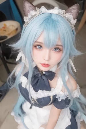 Animal ears,cat ears,male focus,apron,tail,cat tail,otoko no ko,open mouth,blue hair,solo,white hair,maid headdress,blue eyes,looking at viewer,wariza,hair ornament,cat boy,sitting,pale skin,bow,apron,far wide_shot hair eyes,far hair eyes,