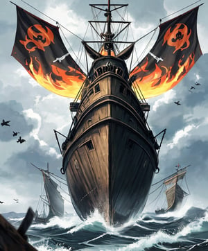 Close-up shot of a menacing pirate rabbit, donning a black eye mask and clutching a trusty sword, standing at the bow of a majestic flying ship as it soars through stormy skies. The ship's wooden hull is weathered to perfection, with intricate carvings of skulls and treasure chests adorning the sides. A battle-weathered banner flows in the wind, bearing the pirate rabbit's Jolly Roger emblem: a skull-and-crossbones surrounded by a halo of flames. In the background, another flying ship approaches, its own Jolly Roger emblazoned with a snarling tiger's head. The pirate rabbit's eyes gleam with malevolent intensity as it prepares for battle.