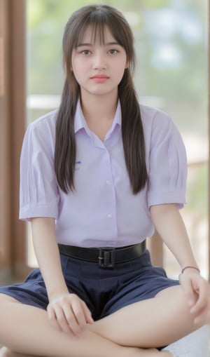 a young Asian woman age 15 with long highligh white and brown hair, breasts size a .wearing a white fit Unbutton two button white shirt and Navy blue short skirt. She is posing in front of a window, The woman's sit leg cross adding a touch of balance to her body, with a light brown wooden door behind her.