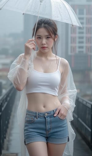 18 year-old thai Woman in clear plastic raincoat standing on street,looking at camera in rain. Raincoat and umbrella are soaked with rainwater.Shiny White undereear and shiny jean denim shorts. Photo taken on a rooftop in city of thailand,Unbutton one button