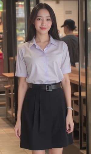 
16 year old thailand woman, long hair,wetest a torn fitting Shinny White short-sleeved slim-fit shirt,black skirt Unbutton one button of the shirt,belt,earing,Smartwatch,IPhone 13pro,neckleck, Black Narrow skirt short with a slit on the left side, Black high heels, in a starbuck shop,