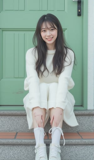 a young Asian woman is seated on a step in front of a green door. She is wearing a white long-sleeved sweater, a white skirt, and white sneakers. Her socks are tied in a bow at the waist, and she is smiling. The woman's hair is long and dark, and her eyes are open, as if she is posing for the camera. The door behind her is made of a light green wood, and the bottom half of the door is visible. The floor is made up of gray and brown tiles, and there is a black electrical outlet plugged into the wall behind the woman.